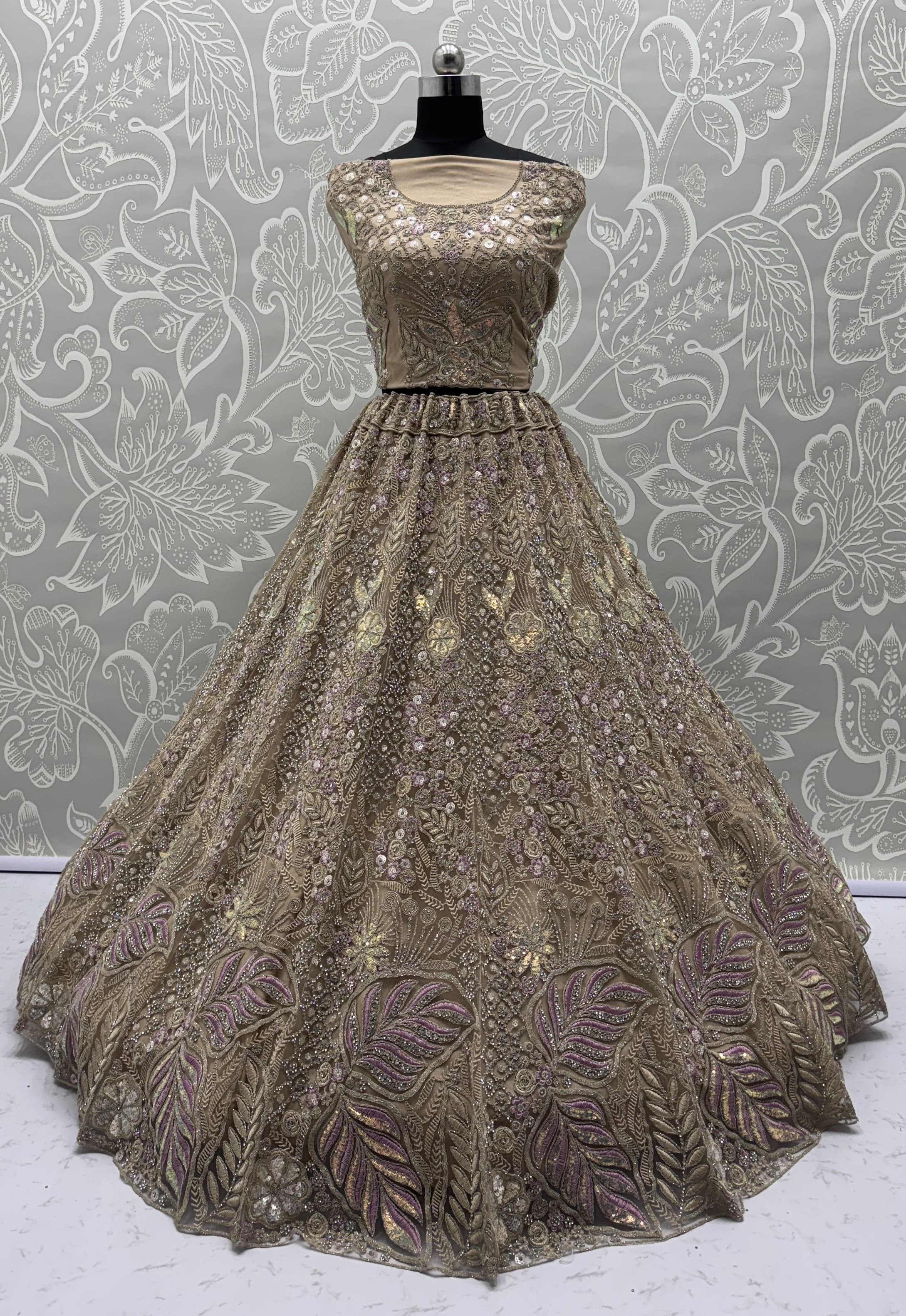 Golden Net A - Line Lehenga Choli with Diamond, Dori, Embroidered, Fancy, Multi, Sequins, Thread and Zircon Work